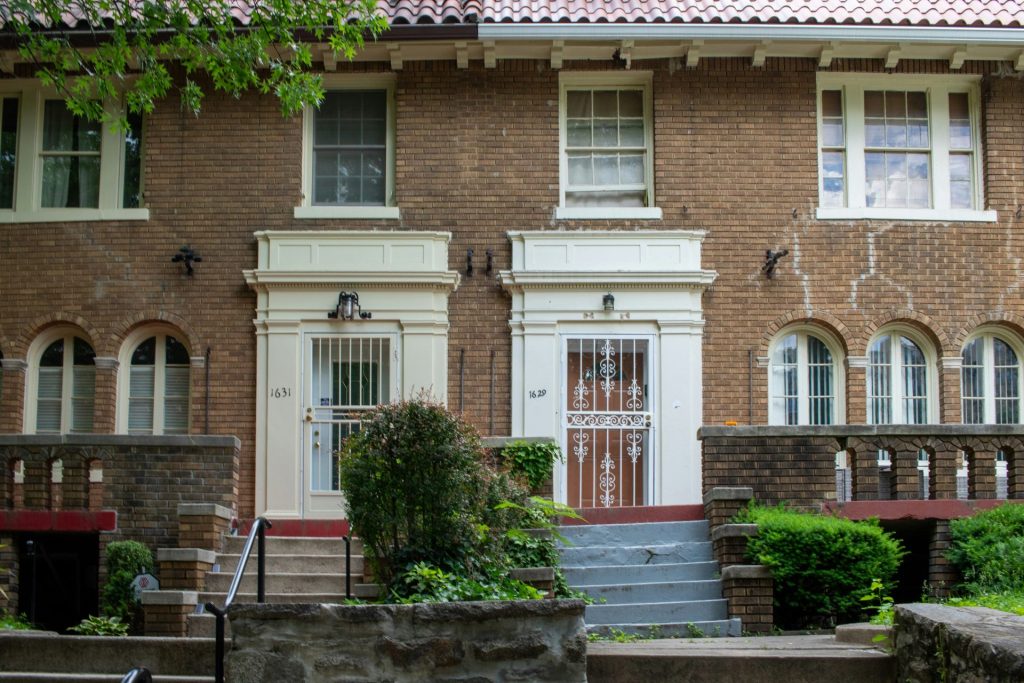 A brick building with steps leading up to it